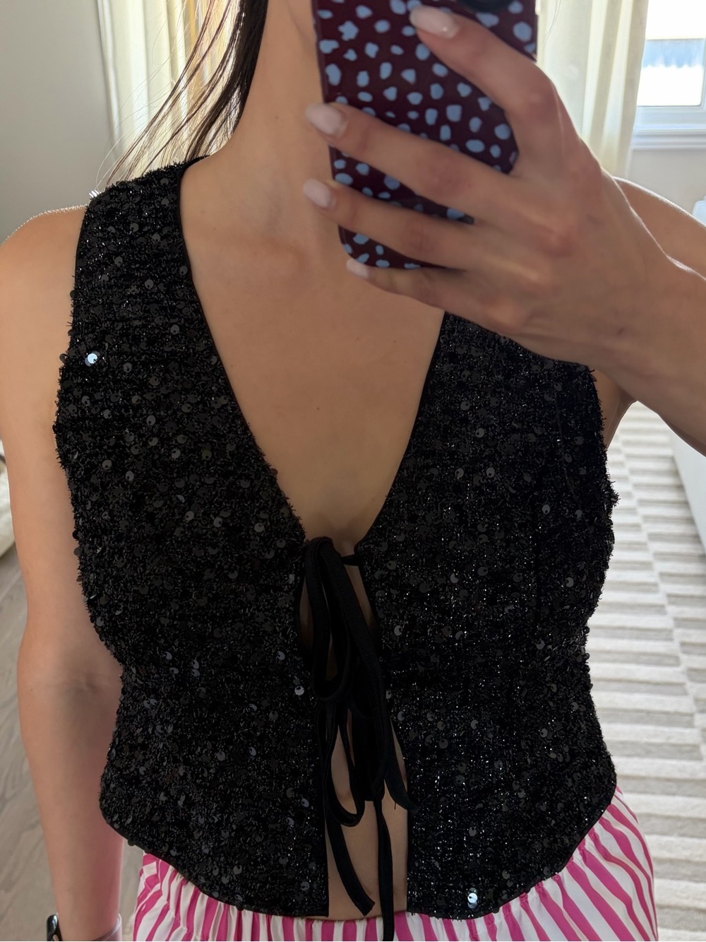 Black Sequin Tie-Front V-Neck Women's Top